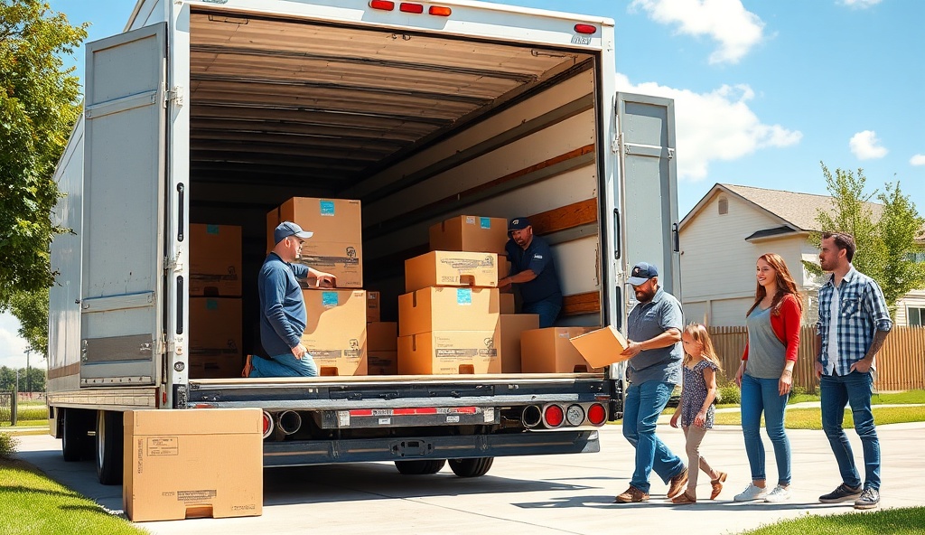 Professional movers loading boxes into moving truck