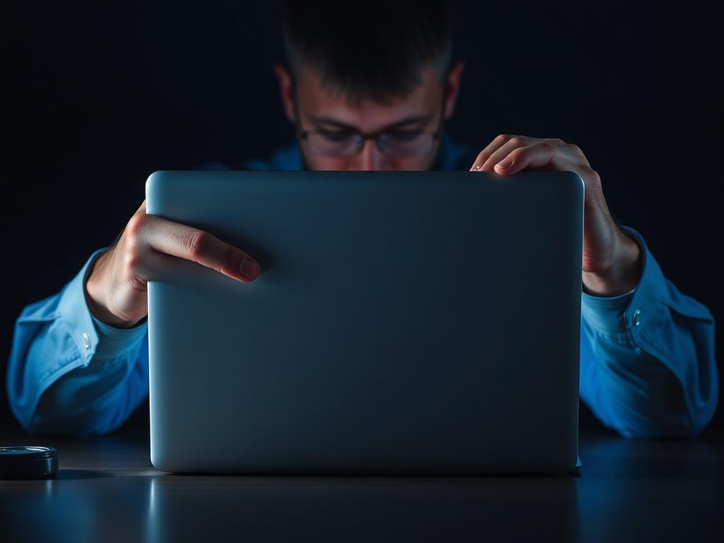 A clean minimalist shot of a man opening a laptop with purposeful intent; strong focus on the hands and hinge; subtle blue/red rim lighting; dark background; cinematic shadows; symbolic objects like a checklist or timer faintly visible; ultra-sharp 8K photography; no energy effects, no sci-fi elements — grounded, disciplined, high-performance aesthetic.