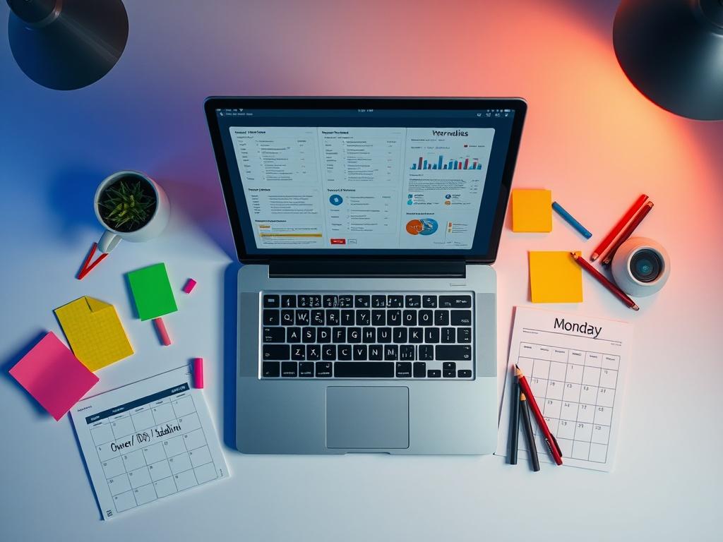 Cinematic top-down shot of a workspace featuring a sleek, modern laptop open to clean workflow templates, checklists, and scorecards. Surrounding the laptop are colorful sticky notes, markers, and a notepad titled 'Owner / DoD / Deadline.' A calendar with Monday circled is visible. The scene is illuminated by subtle blue and red accent lighting from the sides, creating an organized and high-performance operator vibe. The overall appearance is ultra-sharp 8K quality, with zero grain, emphasizing a clutter-fr