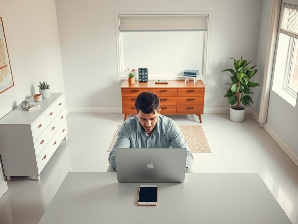 A realistic high-resolution photo of a modern workspace, featuring a man sitting at a clean desk, deeply focused on work with a laptop. The background shows a dresser across the room with a smartphone placed on it, creating a sense of distance. The room is well-lit with natural light coming in from a window, highlighting the minimalist decor and bold colors. The overall composition should convey a productive atmosphere, emphasizing the man's concentration and the phone's placement.