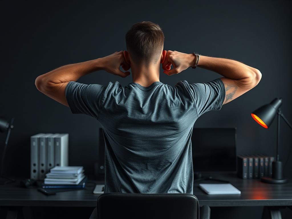 A dynamic shot of a man stretching his shoulders or shaking off tension beside a neatly organized desk. The man is in a minimalist environment with a dark masculine background, showcasing high-contrast tones. Subtle motion blur is applied to his hands and arms to convey movement. Blue and red accent lighting enhances the high-performance mood, while the overall composition maintains ultra-sharp 8K clarity, emphasizing a clean and modern aesthetic without any glow effects.