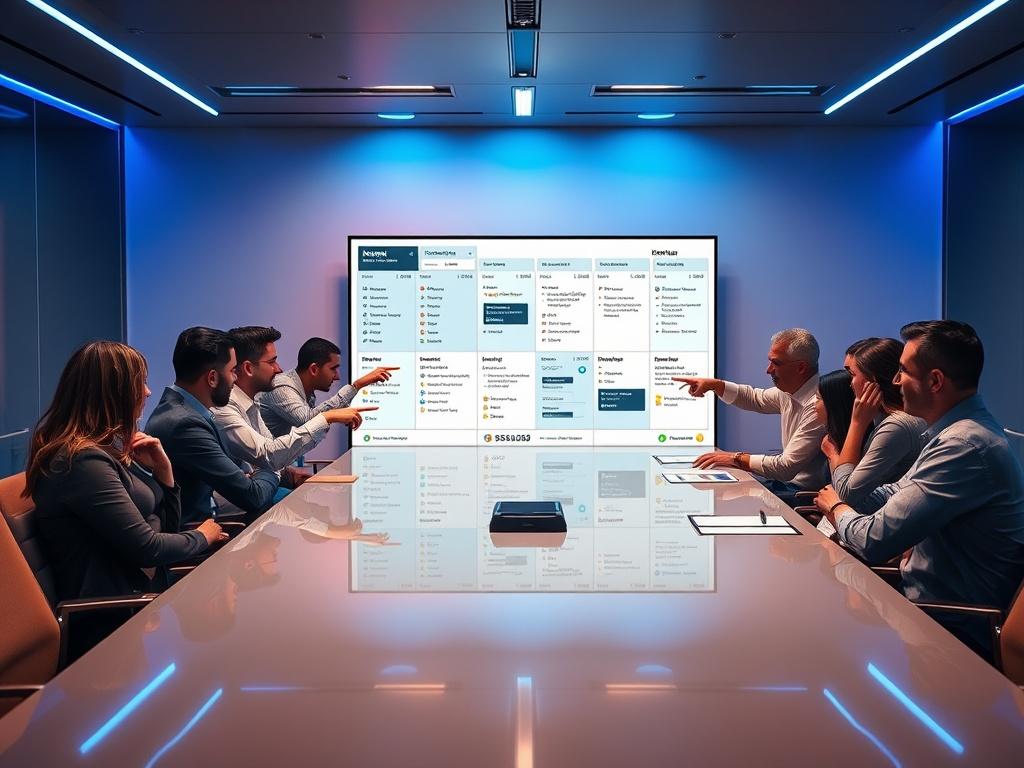 Cinematic scene of a diverse team gathered around a sleek, modern conference table. In the center, a large screen displays a detailed Kanban board featuring WIP limits, cycle time, and decision SLA. The atmosphere is enhanced by blue and red rim lights that create depth and contrast. Each team member is engaged and focused, mid-discussion, pointing at the board as they collaborate. The image captures an ultra-sharp 8K resolution, embodying a professional operator aesthetic.