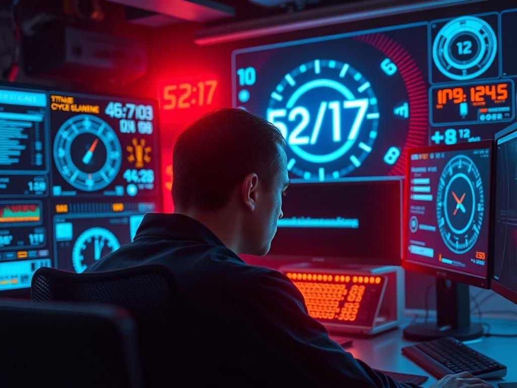 Cinematic workstation scene featuring a man deeply focused during a work block. The environment showcases a futuristic aesthetic with glowing tech dashboards and neon blue UI timers and cycle graphics floating around him, prominently displaying a 52/17 icon. Red energy arcs are visibly powering down during a break, creating a striking contrast. The lighting is dramatic, emphasizing the clean lines and minimalistic design of the workspace. The image should be ultra-crisp, 8K resolution with zero grain, captu