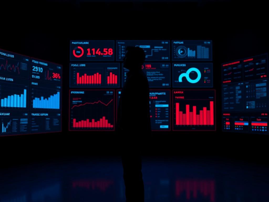 Ultra-cinematic profile shot of a founder/operator standing alone in a dark strategy room. The background features a wall of softly glowing dashboards displaying KPI metrics, focus levers, a monthly map, and a strategic calendar. Blue and red edge lighting outlines the silhouette, creating a calm and powerful leader energy. The image is rendered in 8K clarity, without any grain.