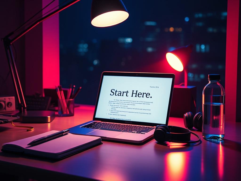 Night-time cinematic shot of a desk prepped for tomorrow. The scene features a laptop open displaying a document titled 'Start Here' or the first line written. A notebook and pen are neatly placed beside it, with a pair of headphones and a bottle of water arranged thoughtfully on the desk. The lighting includes a warm desk lamp enhancing the overall ambiance, mixed with cool blue and red rim lighting. This creates an intentional and organized workspace. The image should be ultra-sharp 8K, with zero grain, f