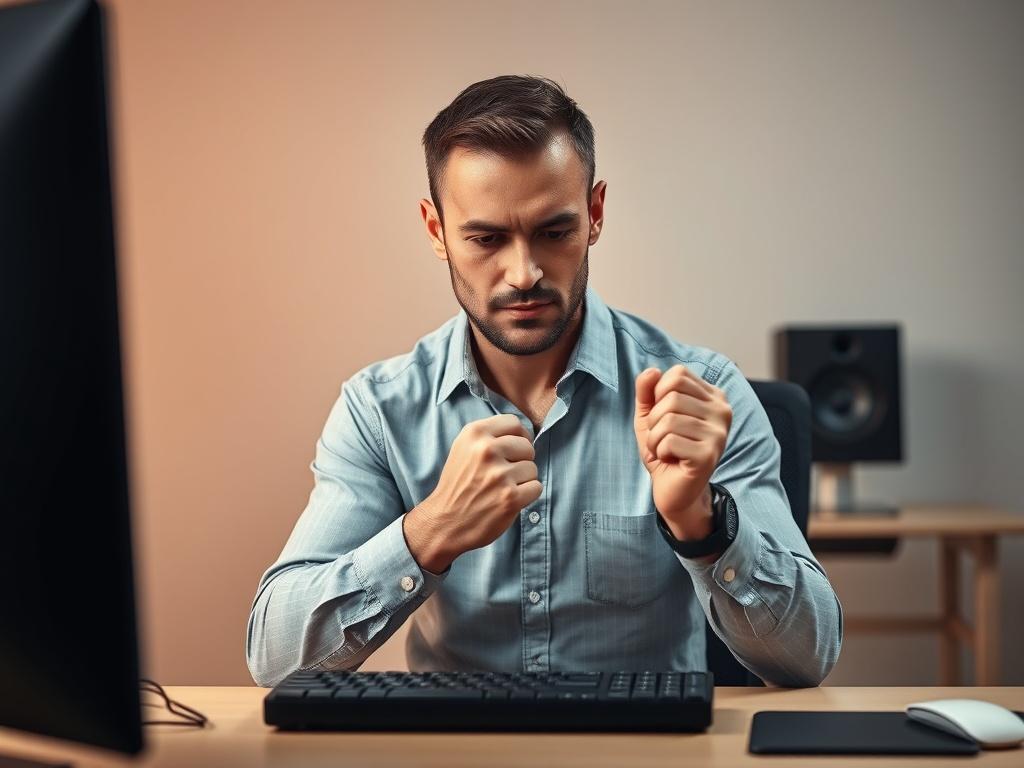 A focused man in a modern office setting, performing a task priming ritual. He is cracking his knuckles with a determined expression, a keyboard in front of him, and sound waves visually emanating from a speaker nearby. The background is minimalistic with clean lines and bold colors, highlighting the man as the only subject. The overall tone is energetic and motivational, reflecting the essence of performance activation.