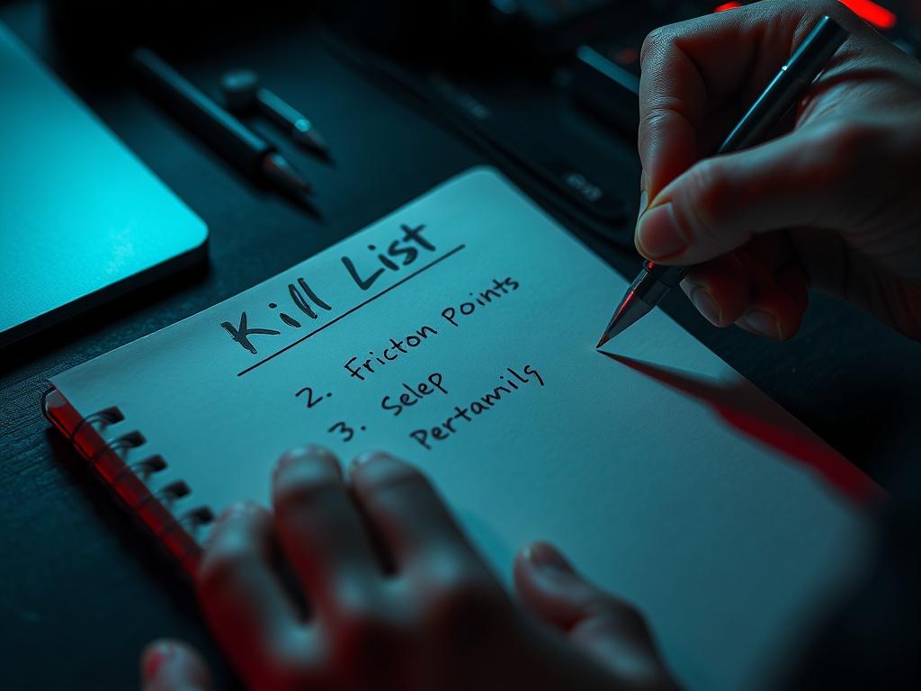 Cinematic close-up of a notebook page titled ‘Kill List’ with three handwritten friction points. A man’s hand writing or checking one off. Clean dark workspace with subtle blue/red rim lighting. Masculine, organized, high-performance vibe. Extreme 8K sharpness, zero grain.