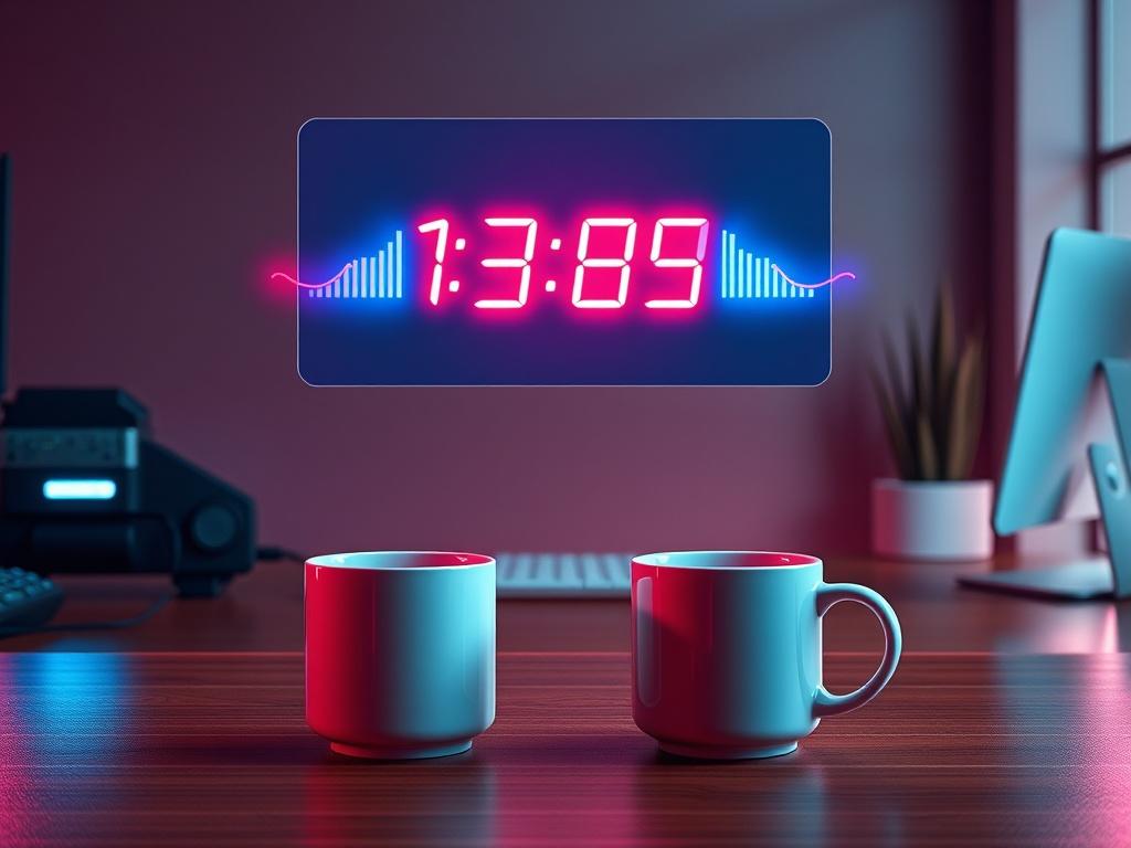 A high-performance modern desk scene featuring two coffee mugs and a sleek timer interface floating above. Include a neon dopamine-flow graph with a smooth, stable curve in blue and red. Depict a founder or coder working, with steady glowing energy lines around their head and arms, creating a cyber-focus aesthetic. The image should be sharp, glossy, in 8K resolution, with zero noise.