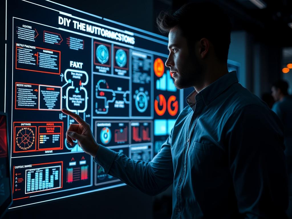A high-performance masculine office setting, featuring a man pointing at a glowing strategy board. The board displays illuminated decision flowcharts and mental models, creating a dynamic and engaging atmosphere. The composition includes deep shadows for contrast and neon edge lights to enhance the smart, powerful vibe of the scene. The office should look modern, sophisticated, and well-organized, showcasing a blend of technology and masculinity.