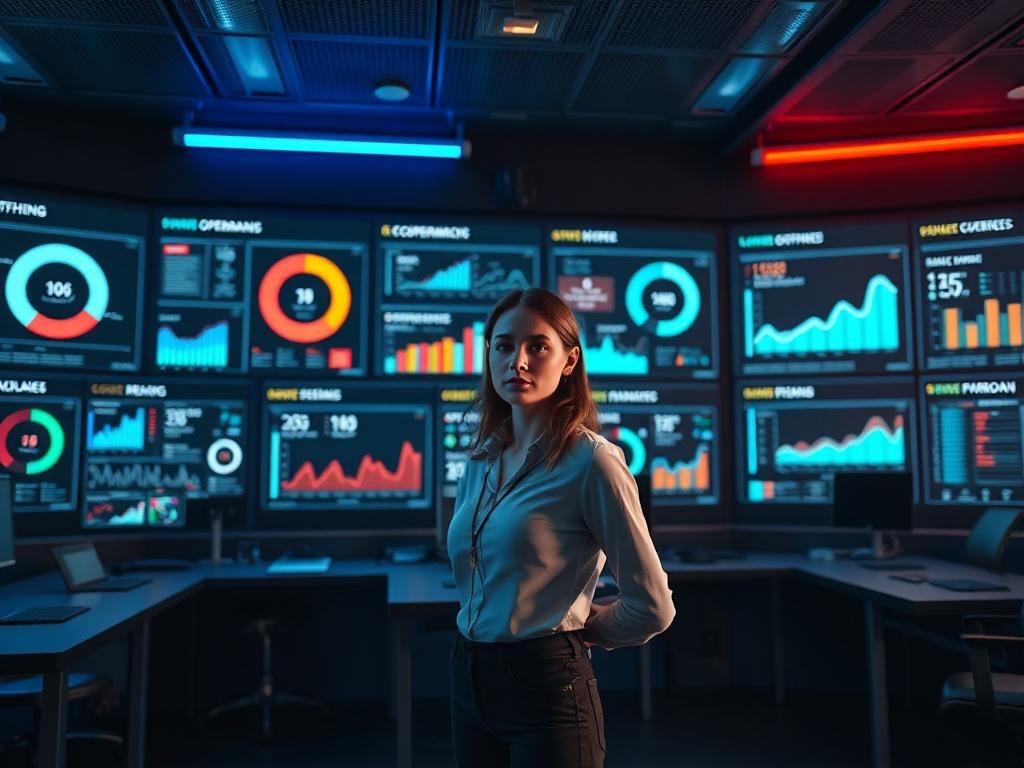 Wide cinematic shot of an operations command room with multiple dashboards displayed on a wall, showcasing KPIs, accountability loops, and role metrics. A beautiful female founder stands confidently in front of the dashboards, reviewing the system with calm assurance. The room features a clean, dark environment with subtle blue and red light accents, creating a professional and high-performance atmosphere. The image is rendered in 8K clarity, highlighting the details of the room and the founder's focused ex