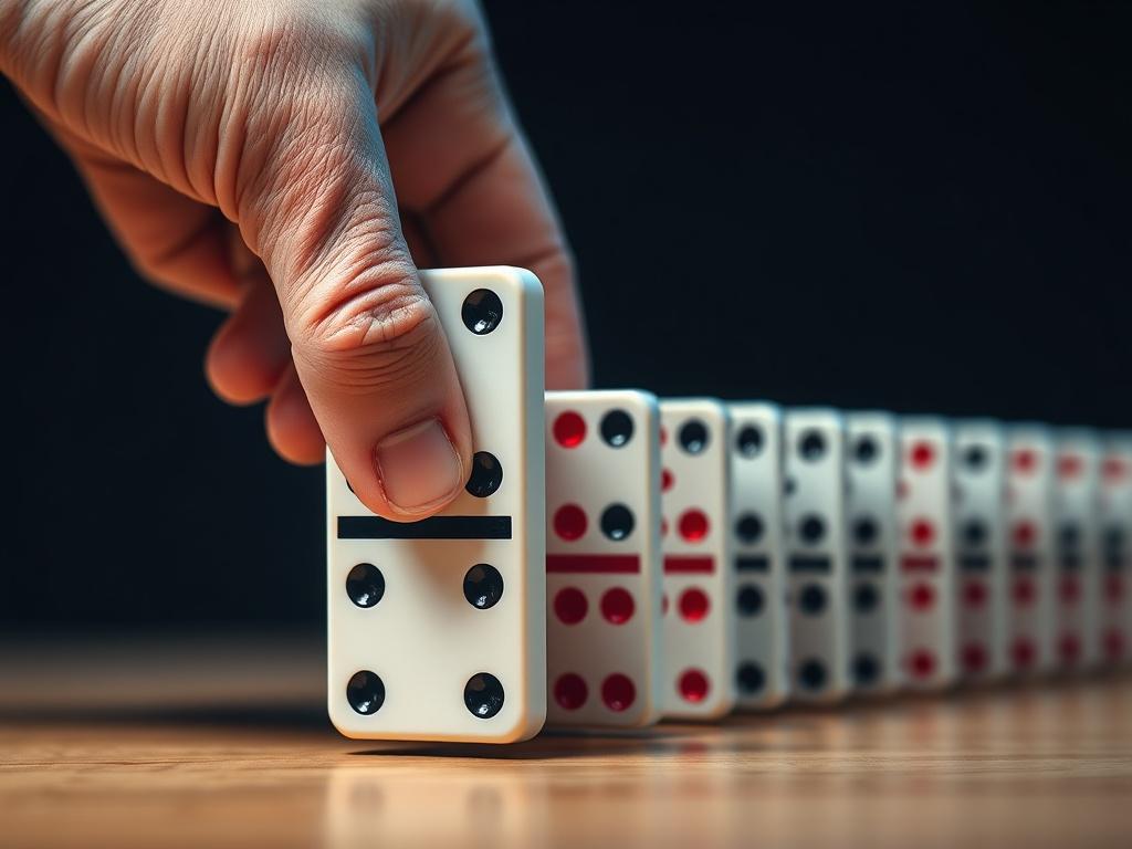 Close-up of a man’s hand pushing the first large domino forward; shallow depth of field with a long line of dominos fading into darkness; blue and red accent lighting; dramatic shadows; clean, premium, masculine aesthetic; no glow; ultra-sharp 8K macro detail; symbolic of action triggering momentum.