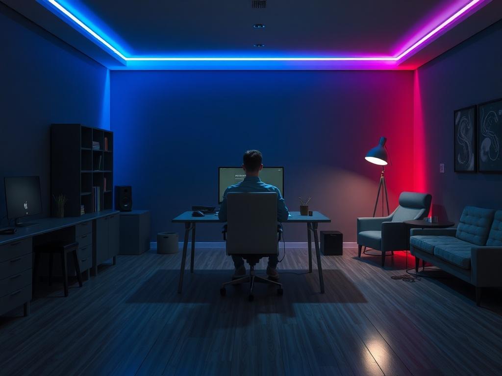 Cinematic shot of a room divided visually into two areas: a focused workspace with a clean desk on the left and a separate chill zone with a chair or couch on the right. A man sits only in the work zone with disciplined posture, facing a computer screen. Blue and red rim lighting highlights the ‘work’ side, creating a dynamic contrast. The overall atmosphere features dark, masculine tones, evoking a sense of determination and focus. The image is ultra-realistic, rendered in 8K, with no grain.