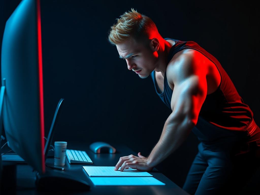 Ultra-cinematic shot of a man standing at a desk, leaning forward with aggressive intensity, hands on the desk as if about to attack a task; dark masculine background; sharp rim lighting in blue and red; strong shadows; high-contrast muscles and posture showing urgency; no glow effects, just dramatic lighting; 8K, ultra-sharp, no grain, high-performance photography aesthetic.