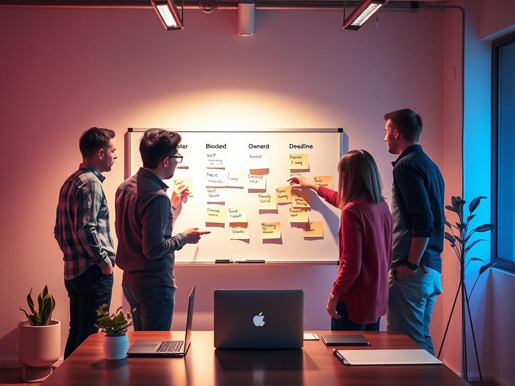A small startup team gathered around a whiteboard and a laptop displaying a Notion board. The founder is actively drawing or dragging sticky tasks labeled WIP, Blocked, Next, Owner, Deadline while the team engages in discussion, pointing at the board. The scene captures warm, collaborative startup energy, with team members dressed in casual clothing, reflecting a modern minimalist office vibe with standing desks. Soft warm light illuminates the space, accented by subtle blue and red highlights to convey a s