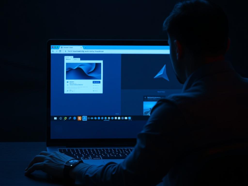 Cinematic close-up of a laptop screen showing exactly two browser tabs open and one main app window. All other apps closed. A man wearing a fitted shirt sits focused in front of the screen. The environment is dark and masculine with subtle blue and red rim lighting. The overall aesthetic is minimal and disciplined, emphasizing a tech vibe. The image should be ultra-sharp, in 8K resolution, with high contrast and zero grain.