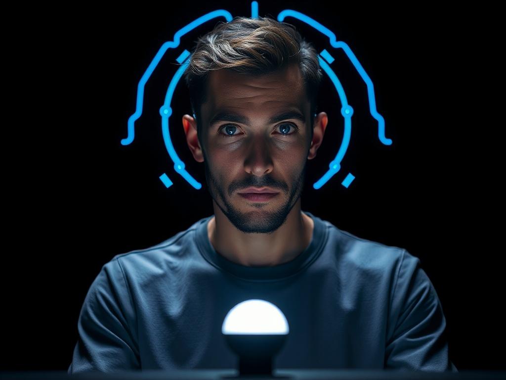 Ultra-sharp cinematic image of a man sitting still, eyes soft-focused on a single object in front of him; background dark with subtle neon blue brainwave arcs forming around his head; gentle glowing lines representing clarity returning; zero movement, calm, meditative energy; futuristic cognitive-tech aesthetic, 8K resolution, zero grain, hyper-real lighting, deep contrast.