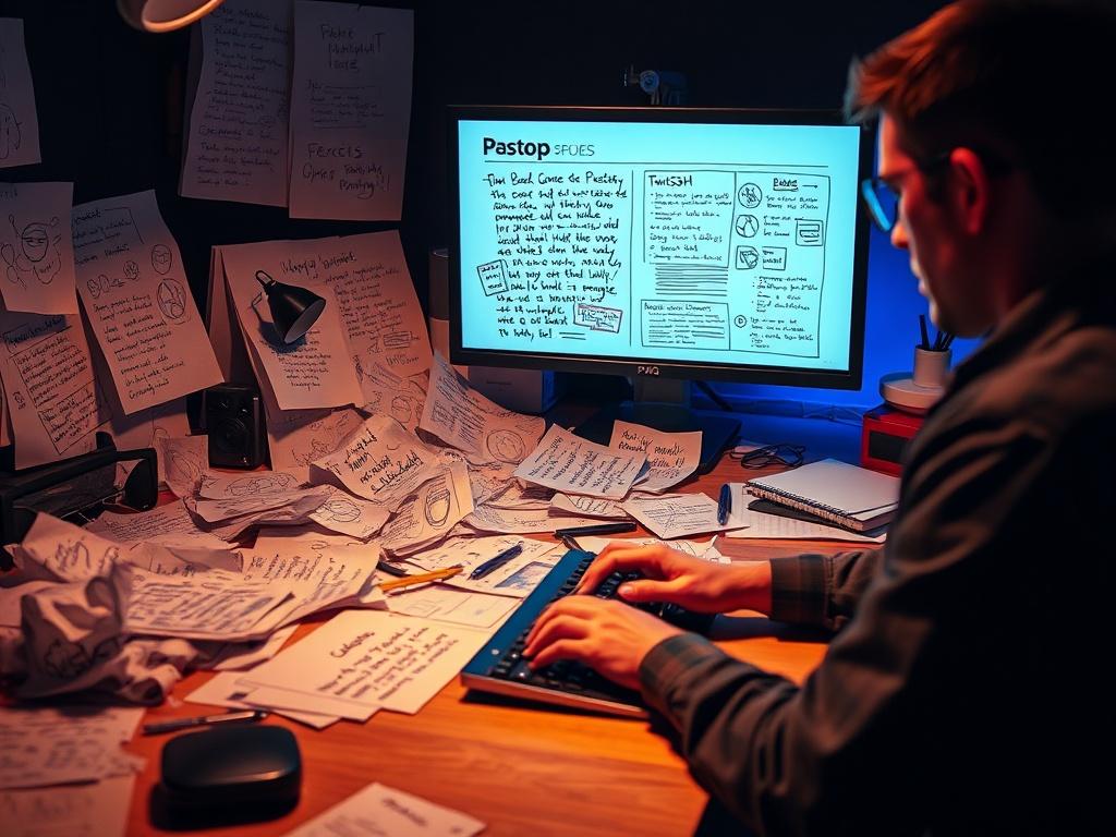 A high-contrast shot of a messy workspace featuring crumpled papers, sloppy handwriting, chaotic sketches, and rough notes displayed on a screen. In the foreground, a man begins to type on a keyboard, embodying a carefree, unbothered attitude toward perfection. The background is dark, accented with subtle blue and red lights, creating a cinematic composition. The overall aesthetic is gritty yet clean, devoid of neon or magical effects. The image should be in 8K clarity, showcasing zero grain and realistic t