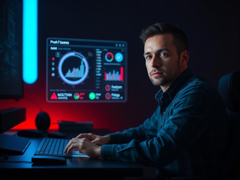 Ultra-cinematic portrait of a founder/operator sitting at a desk in a dark room lit with subtle blue/red rim lighting. A clean systems dashboard hologram softly illuminates his face, representing Energy, Momentum, and Friction protocols. He looks focused, calm, and powerful, analyzing bottlenecks. No magic, no neon — just tech-inspired light reflections. High-performance photography, 8K realism, crisp edges, zero grain.