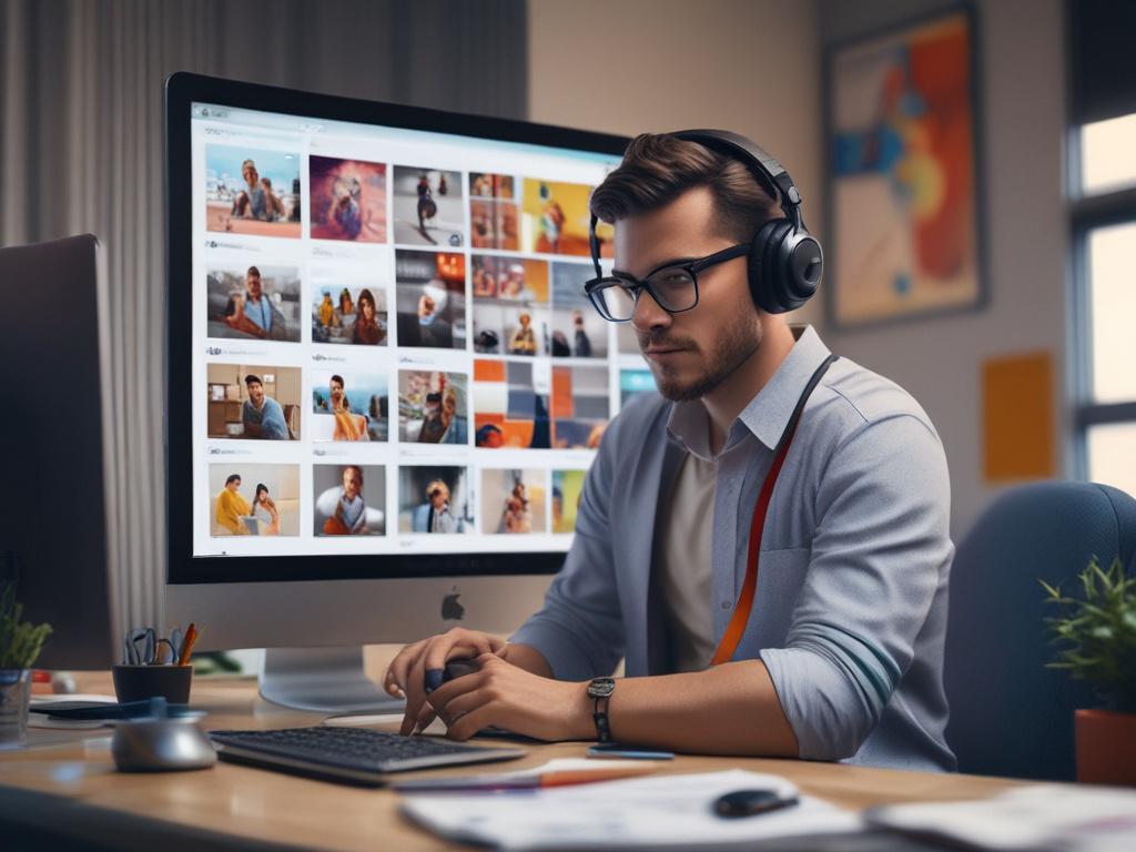 Capture a dynamic close-up shot of a social media manager at work, with a laptop open displaying colorful social media feeds and analytics. The background should be a modern workspace, softly blurred to maintain focus on the screen, shot with a 45mm f/1.2 lens style.