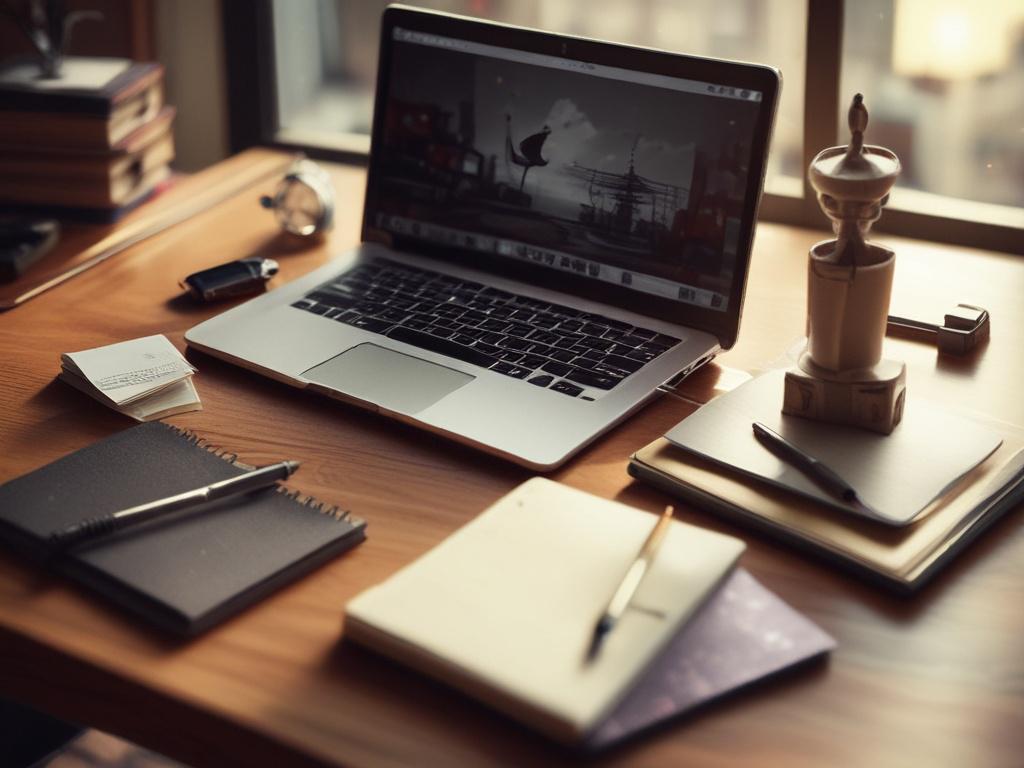 Design a stunning close-up shot of a writer's desk, featuring a beautifully crafted notebook, a fountain pen, and a laptop displaying a content draft. The background should be softly blurred to highlight the details of the desk setup, shot with a 45mm f/1.2 lens style.
