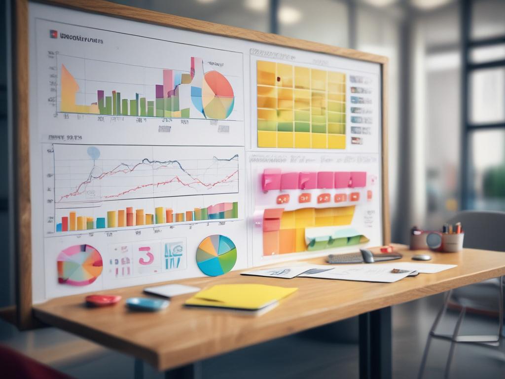 Create a hyper-realistic close-up shot of a marketing strategy board, showcasing colorful charts, graphs, and sticky notes in a bright, modern office setting. The background should be slightly blurred to emphasize the details on the board, shot with a 45mm f/1.2 lens style.