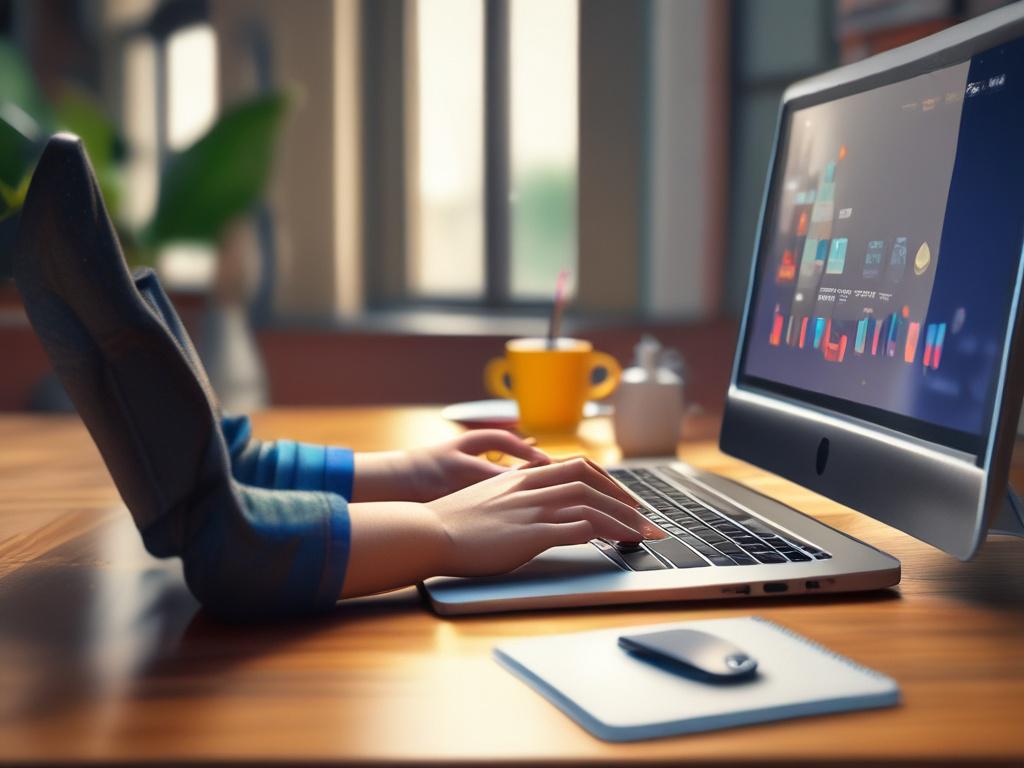 A close-up shot of a person using a laptop, typing on social media platforms. The setting is modern and vibrant, featuring a colorful desk with a coffee cup and a smartphone. The background is softly blurred to emphasize the subject, showcasing the dynamic nature of social media. The image is shot with a 45mm f/1.2 lens, highlighting the details in the person's hands and the screen with a warm color palette compatible with rgb(249, 96, 28).