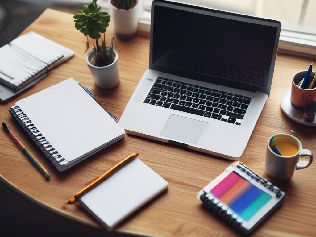A close-up shot of a creative workspace featuring a notepad, colorful pens, and a laptop displaying design software. The scene is bright and lively, with a window allowing natural light to flood in. A few printed graphics and sketches are scattered around, emphasizing the creative process. The image is captured with a 45mm f/1.2 lens, focusing on the details of the tools and the vibrant atmosphere, reflecting creativity and innovation, aligning with rgb(249, 96, 28).