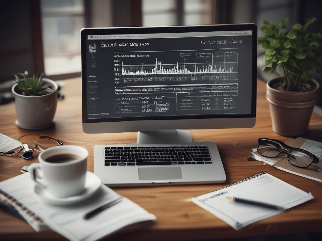 A close-up shot of a computer screen displaying analytics and SEO tools, surrounded by notes and a coffee cup. The desk is organized yet creative, showcasing a blend of technology and strategy. Soft natural light illuminates the workspace, highlighting the details on the screen. The image is shot with a 45mm f/1.2 lens, focusing on the analytics data while keeping the environment inviting and professional, in harmony with rgb(249, 96, 28).