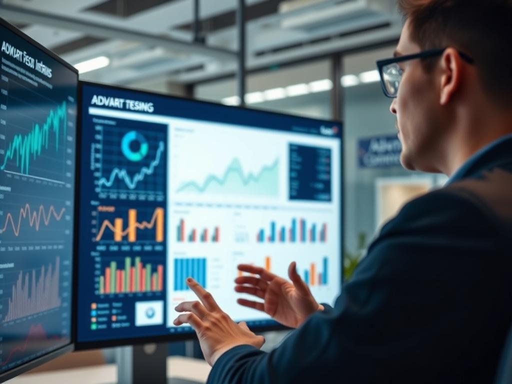 A close-up shot of a marketing executive reviewing performance metrics on a large screen in a modern office. The image showcases graphs and data analytics, conveying professionalism and expertise. The setting is well-lit, emphasizing focus and clarity in decision-making. The background subtly reflects an office environment, with branding elements that resonate with the advertising industry.