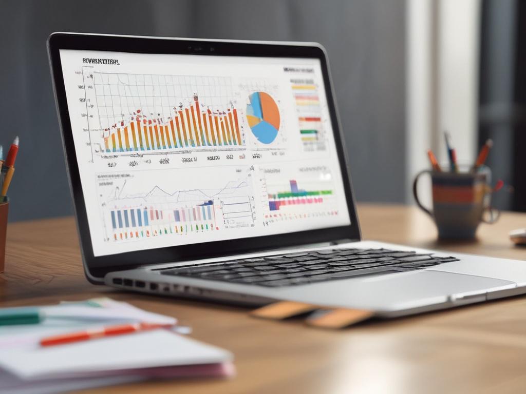 A close-up shot of a digital marketing strategy planning session, featuring a laptop displaying analytics graphs, colorful charts, and sticky notes on a table. The background should be a modern office space with natural light streaming in, creating an inviting atmosphere. The focus should be on the laptop and documents, capturing the essence of strategic planning.