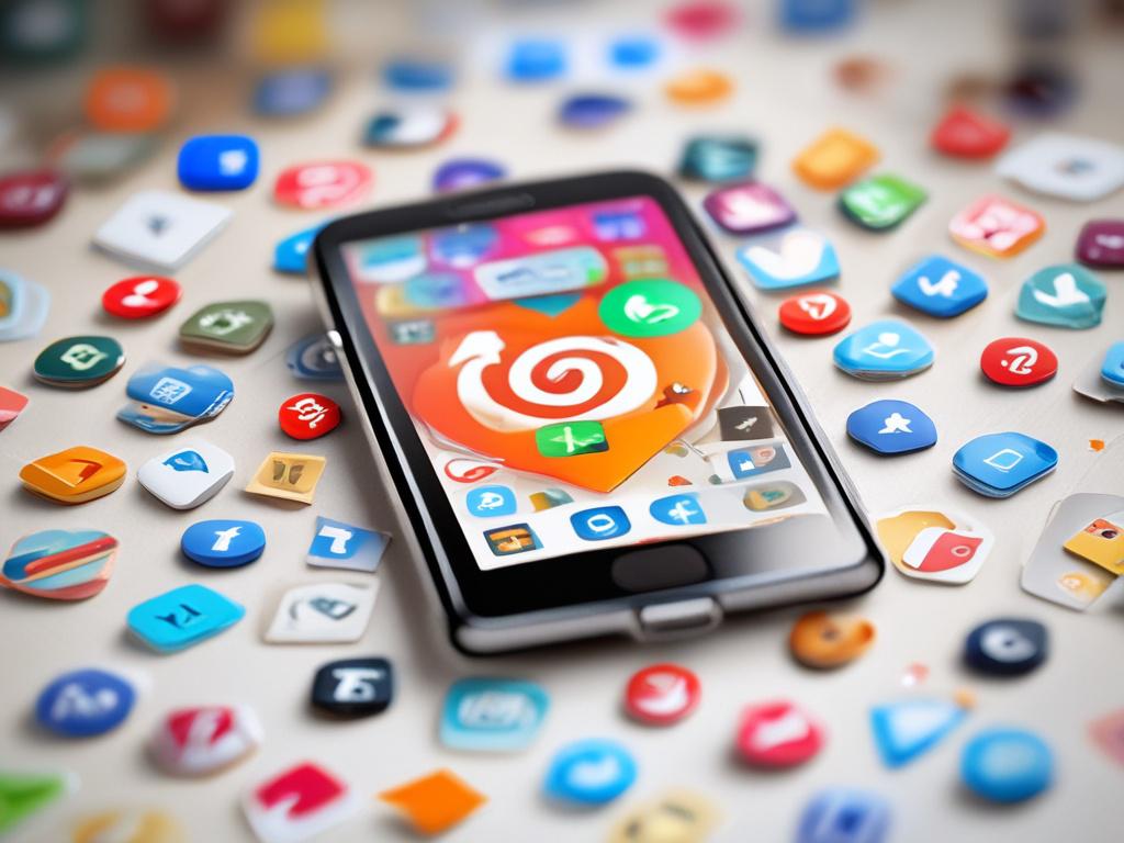 A close-up shot of a smartphone displaying vibrant social media feeds, surrounded by social media icons and engagement metrics on a desk. The background should be a bright and modern workspace, reflecting the dynamic nature of social media. The focus should be on the smartphone and its content, illustrating social media engagement.