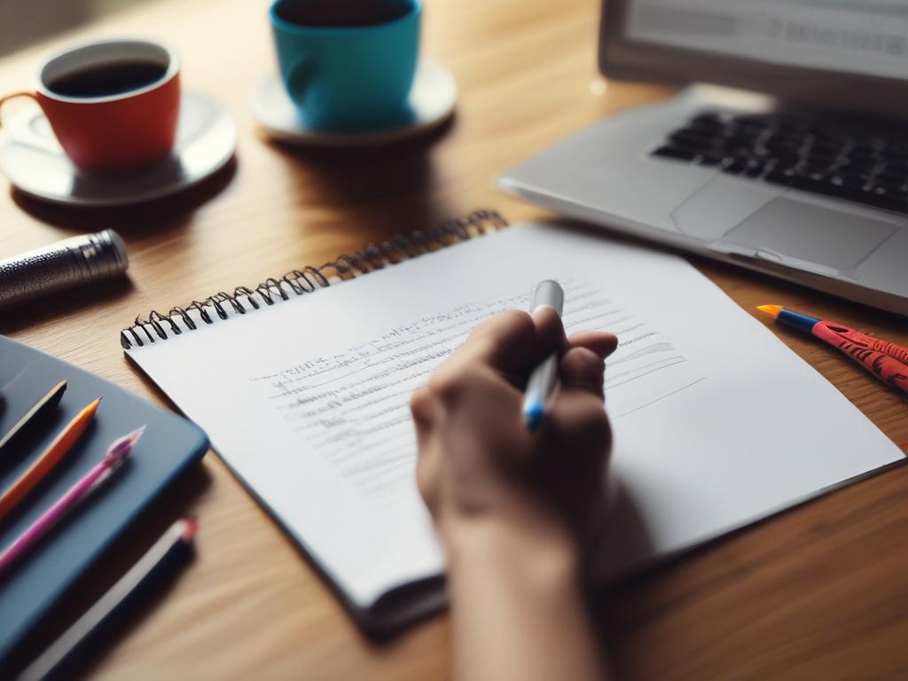 A close-up shot of a hand writing on a notepad with a laptop and coffee cup in the background. The scene should convey a creative workspace, with colorful pens and papers scattered around. The focus should be on the notepad and hand, highlighting the writing process in an inspiring environment.