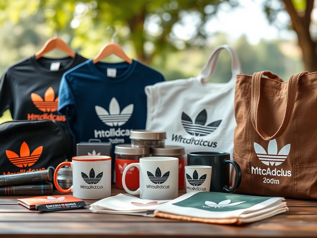 A close-up shot of an array of branded merchandise, including custom t-shirts, mugs, and tote bags, all featuring a logo design. The items are artistically arranged on a table, with a blurred outdoor background providing a natural, fresh atmosphere.