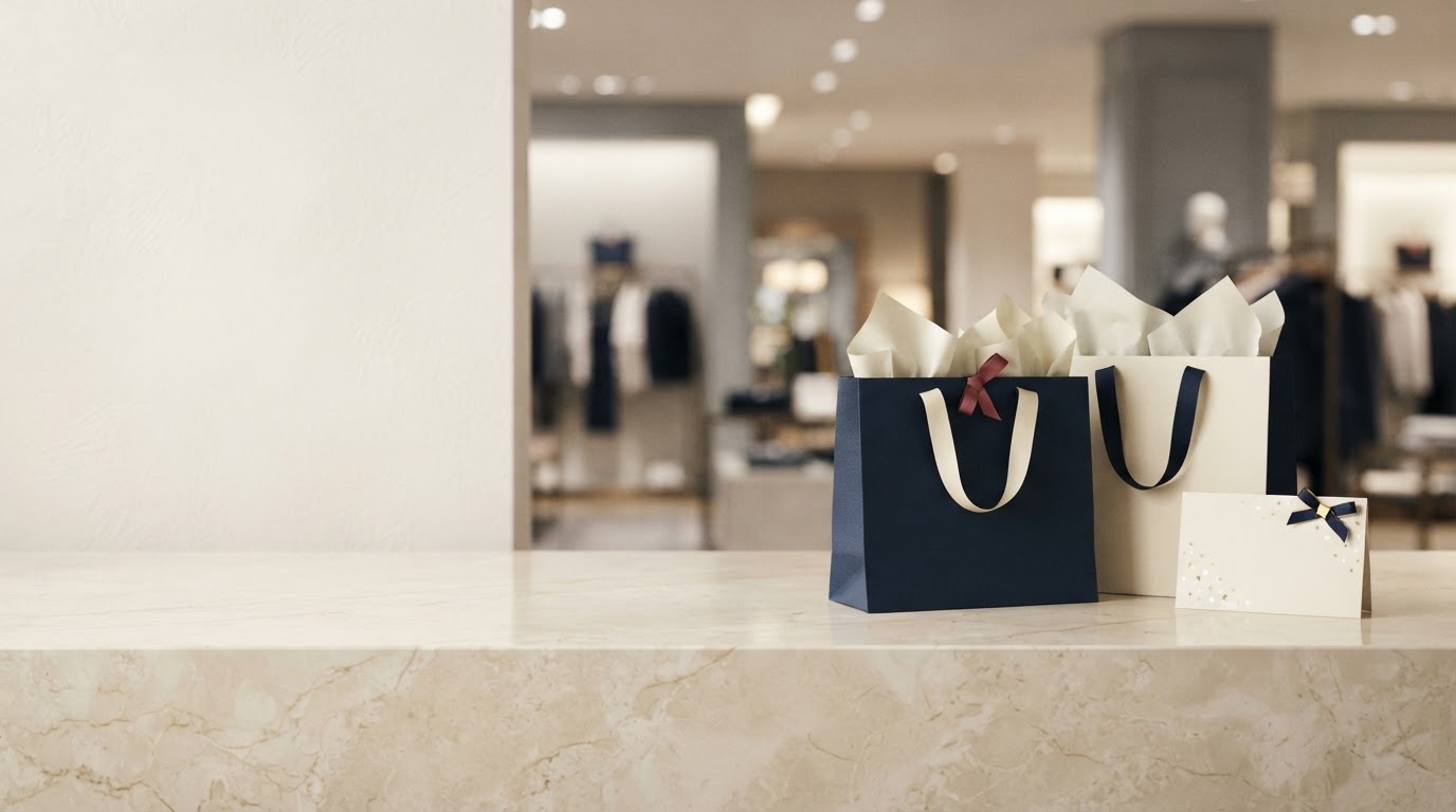 Elegant navy and cream shopping bags beside an unbranded gift card in a softly lit retail setting