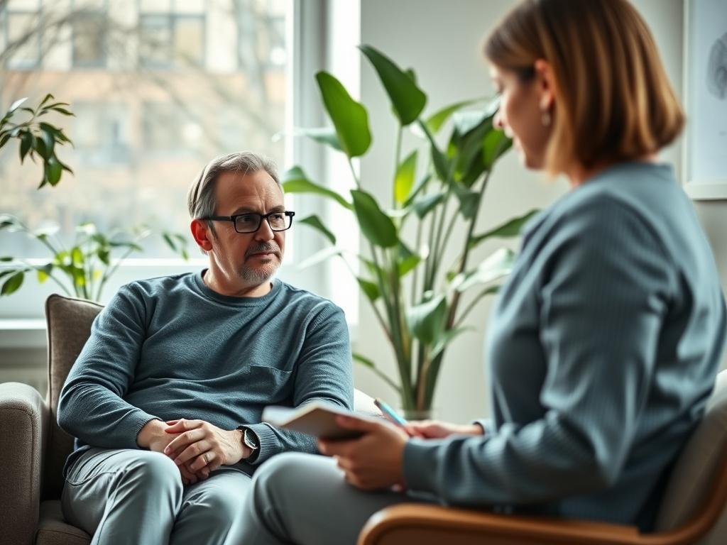 A male client sitting comfortably in a modern therapy room, engaging in a session with a female therapist. The therapist, a woman in her 30s, is attentively listening and taking notes, creating a supportive and professional atmosphere. Soft, natural lighting filters in through a window, illuminating plants in the background. The focus is on the connection between the therapist and client, showcasing a warm, inviting environment that emphasizes trust and healing.