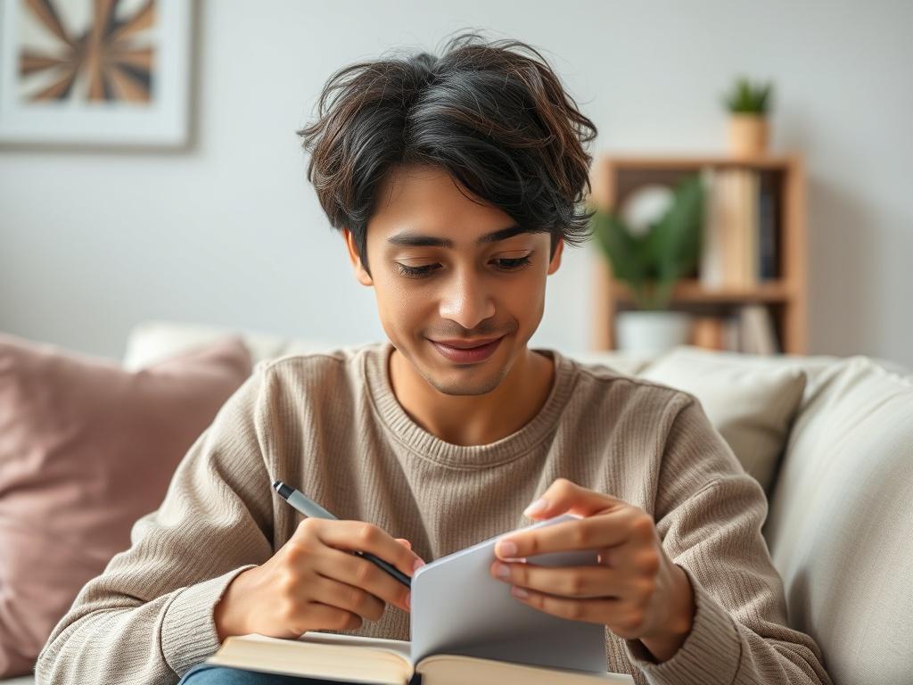 **AI Image Generation Prompt:**

Create a realistic high-resolution photo featuring a compassionate-looking individual engaging thoughtfully with a notebook and pen, symbolizing introspection and self-reflection. This person should have a warm, inviting expression, suggesting contemplation regarding their mental health needs. 

The background should be a cozy, well-lit room with soft, neutral tones, featuring elements that evoke a sense of calm, such as a plush sofa, indoor plants, or shelves with books. Th