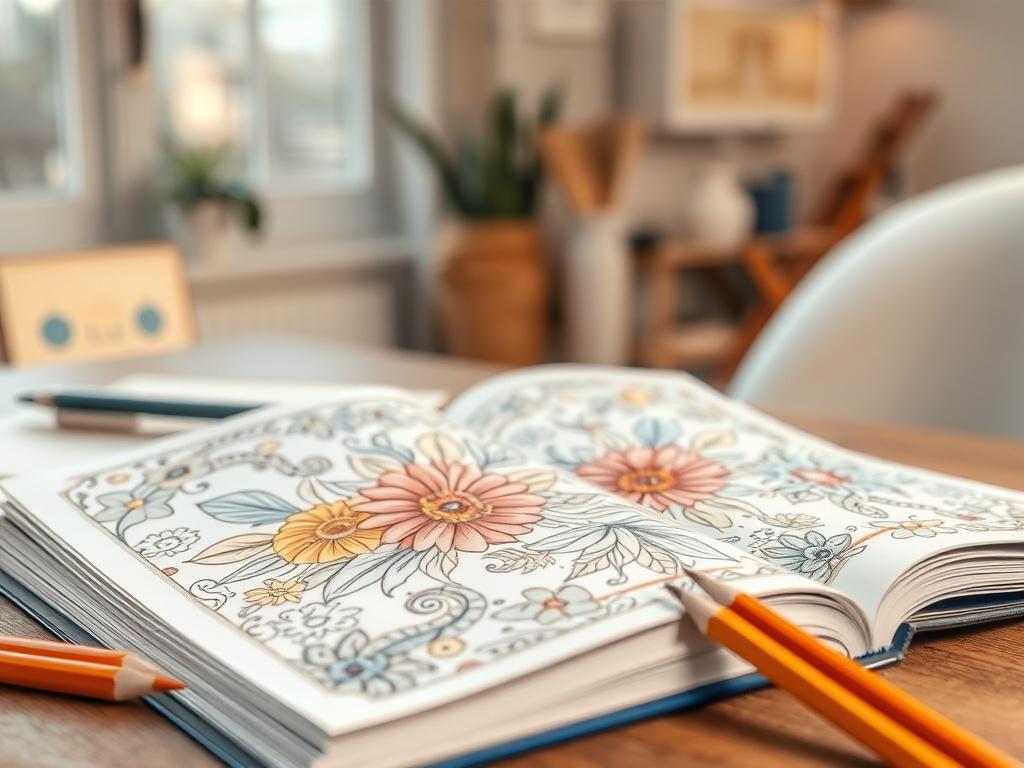 A high-resolution close-up of an open therapeutic coloring book displaying beautifully colored pages, with colored pencils scattered around it. The background should be a cozy, inviting workspace with soft natural lighting, creating a warm and creative atmosphere.