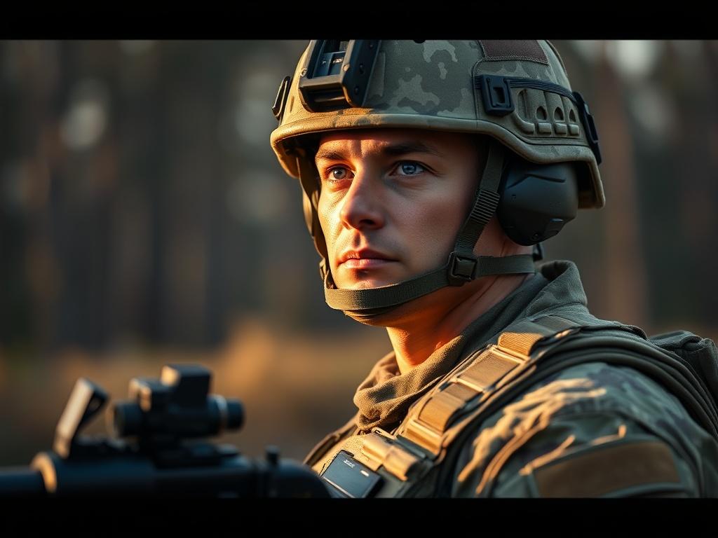 Create a realistic high-resolution image of a U.S. Army soldier in full combat gear. The soldier should be positioned in the center of the frame, looking confidently into the distance. The foreground should focus on the soldier, showcasing their uniform details, including tactical gear, helmet, and weapon, capturing the essence of military readiness. 

The background should depict a blurred outdoor setting, such as a wooded area or a military training camp, to maintain the focus on the soldier while conveyi
