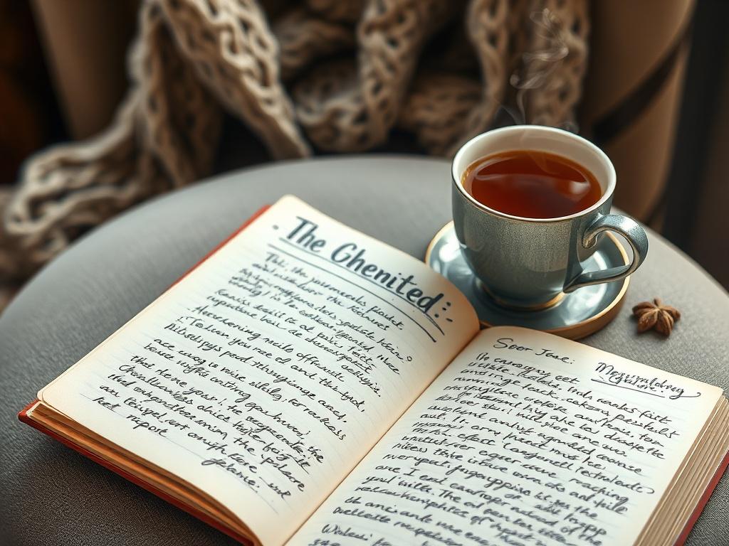 A realistic high-resolution photo of an open journal with handwritten notes and drawings, placed next to a steaming cup of herbal tea, with a cozy blanket draped over a chair in a softly lit environment, captured with a 45mm f/1.2 lens.