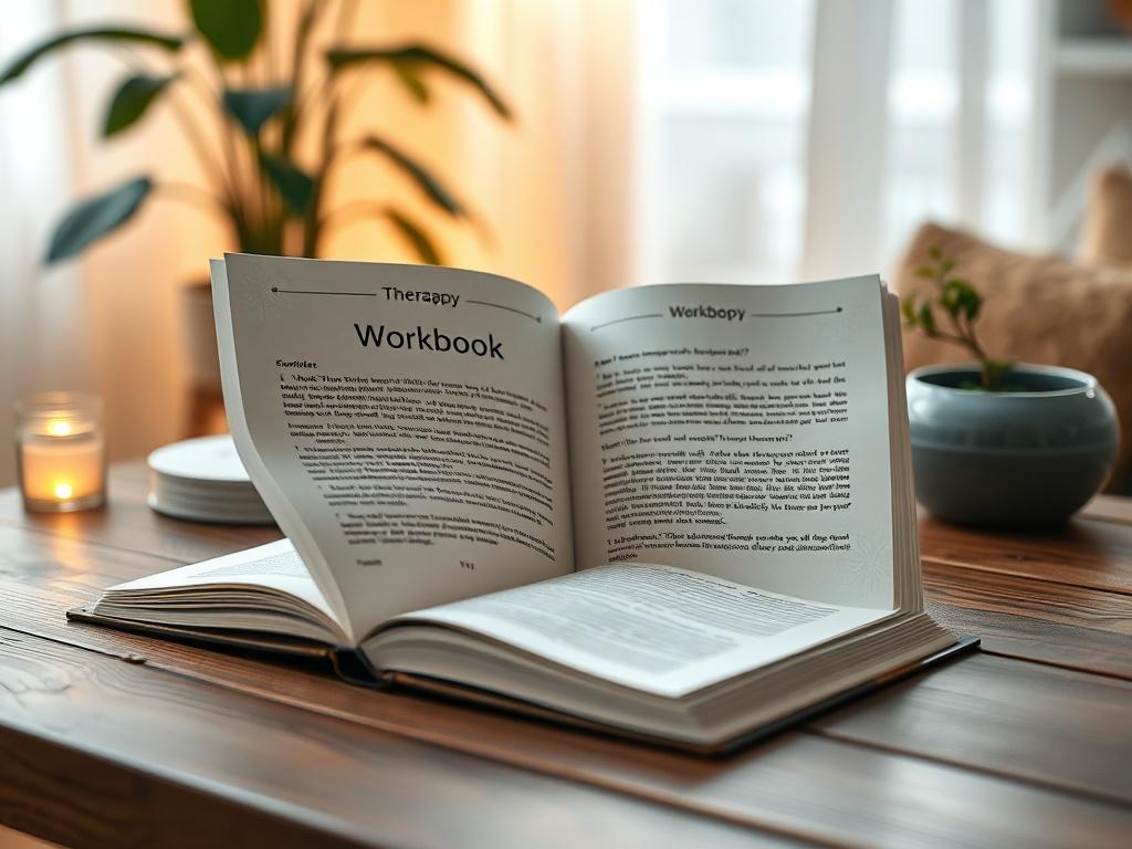 A realistic high-resolution photo of a beautifully designed therapy workbook open on a wooden table, surrounded by a cozy, inviting environment with a soft-focus background of a plant and a warm light, captured with a 45mm f/1.2 lens.