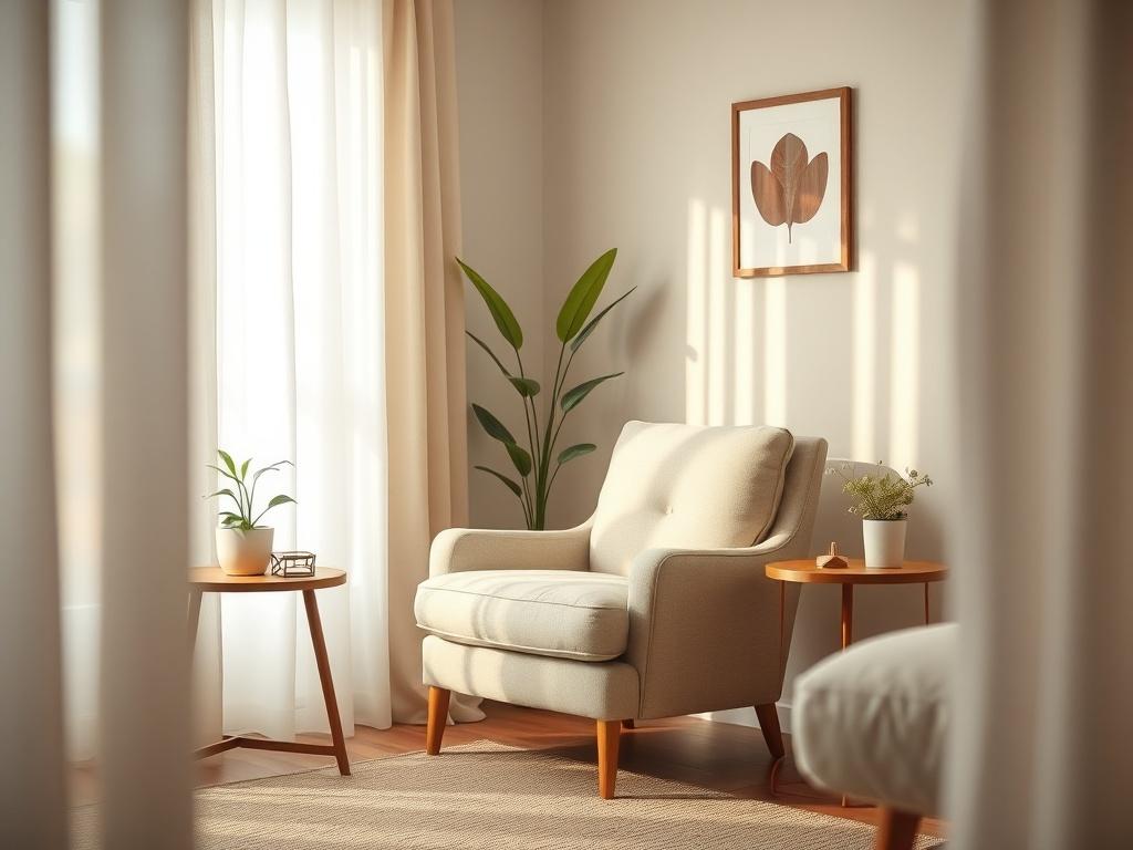 A serene therapy room with soft lighting, featuring a comfortable armchair and a small table with a plant, conveying a sense of calm and privacy. The focus is on the armchair, inviting and cozy, surrounded by warm colors and textures.