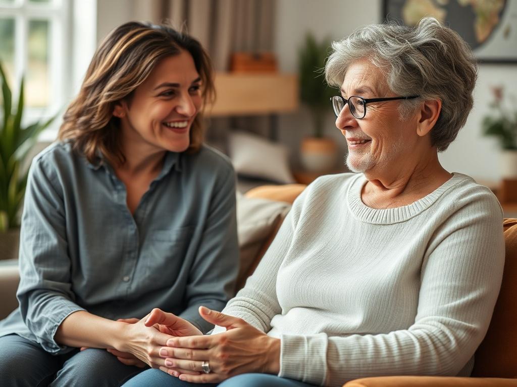 A therapist and client engaged in a conversation, with the client appearing relaxed and focused. The background shows a comfortable therapy space, radiating warmth and safety, emphasizing the personal connection and tailored approach.
