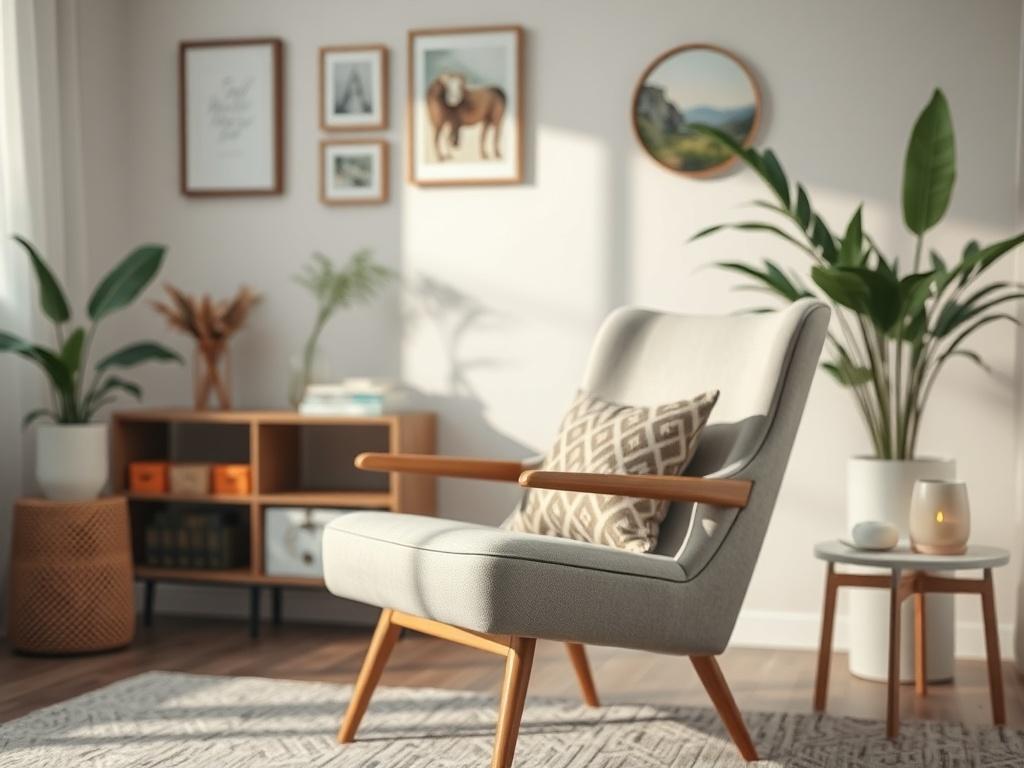 A close-up shot of a serene therapy space with a comfortable chair, soft lighting, and calming decor. The atmosphere should feel inviting and warm, emphasizing a nonjudgmental space for healing. The background should be softly blurred to keep the focus on the inviting chair and peaceful ambiance.