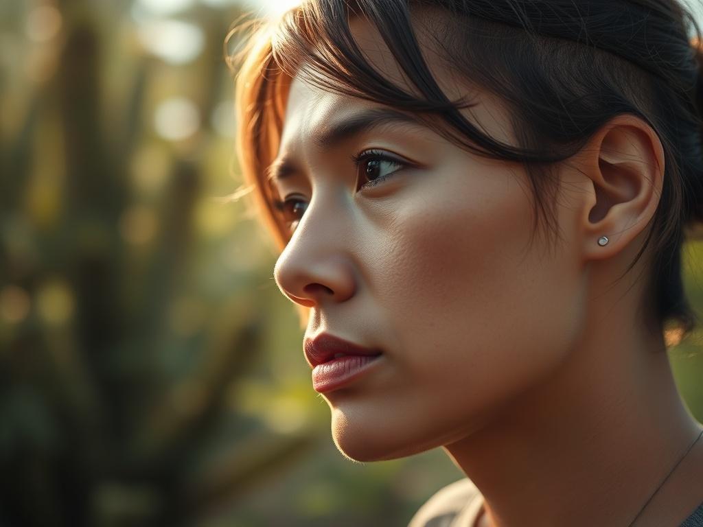 A close-up shot of a person contemplating their thoughts in a peaceful outdoor setting, symbolizing healing and growth. The background should feature soft natural elements like greenery and sunlight, creating a calm and inviting atmosphere.