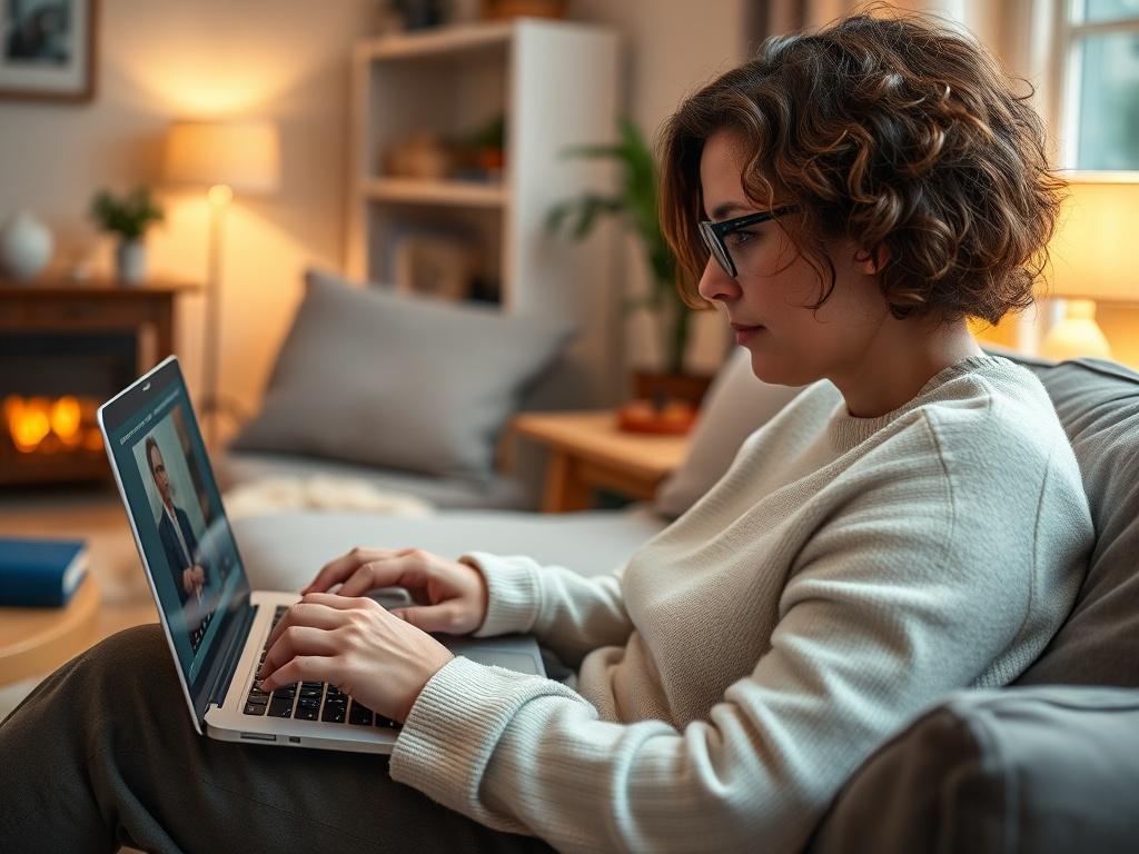 A close-up shot of a person engaging in a telehealth therapy session on their laptop, sitting comfortably in a cozy home environment. The setting should convey warmth and approachability, with soft lighting and personal touches in the background to create an inviting atmosphere.