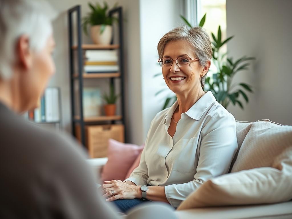 Create a realistic high-resolution photo depicting the concept of "Therapy as an Investment." The central subject of the image should be an engaged therapist sitting comfortably in a warmly lit, inviting therapy office. The therapist should be portrayed as a middle-aged woman with a warm smile, dressed in professional attire, actively listening to an unseen client. 

The background should be simple and clear, including elements such as a small bookshelf filled with psychology books, a potted plant to add a 