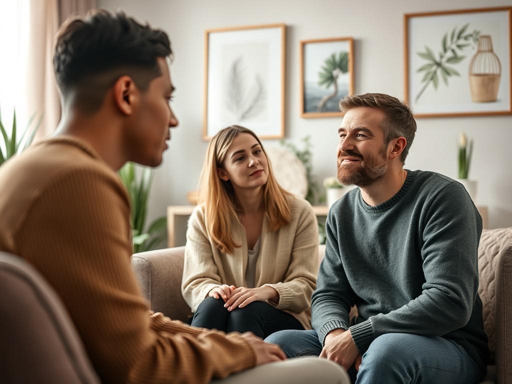 A serene close-up of a diverse group of three individuals engaged in a thoughtful conversation in a cozy, inviting therapy room. The setting features soft lighting and comfortable seating, creating a warm atmosphere. The focus is on their expressions, which convey openness and understanding. The background includes subtle elements like plants and soothing artwork, emphasizing a nurturing environment.