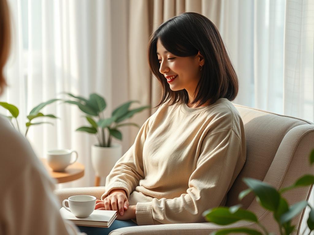 Create a highly detailed, hyper-realistic high-resolution photo of a therapy session in a peaceful, calming environment. The composition should be simple and clear, featuring a single subject: a therapist sitting in a cozy armchair. The therapist, a woman with shoulder-length dark hair and warm, inviting facial features, should be depicted as attentively listening to a client, who is off-screen. 

The background should feature soft, natural lighting filtering through sheer curtains, casting gentle shadows a
