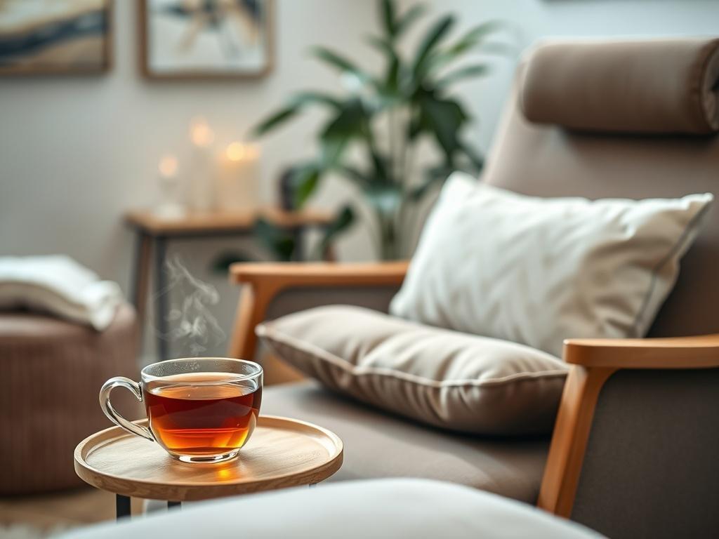 A close-up shot of a serene therapy room with soft lighting. The focus is a comfortable therapy chair with a plush cushion, positioned next to a small table with a steaming cup of herbal tea. In the background, there are calming elements like a plant and soft artwork on the walls. The overall atmosphere is inviting and peaceful, conveying a sense of tranquility and personal attention.