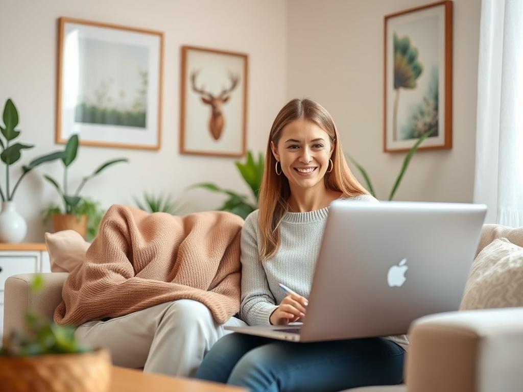 A serene telehealth consultation scene featuring a therapist and client interacting through a laptop. The setting is a cozy, well-lit home office with light colors, soft pastel hues dominating the decor. The therapist is smiling warmly, sitting comfortably, while the client appears engaged and focused. A few plants and calming artwork decorate the background, creating an inviting atmosphere. The composition should convey warmth, connection, and the essence of remote therapy.